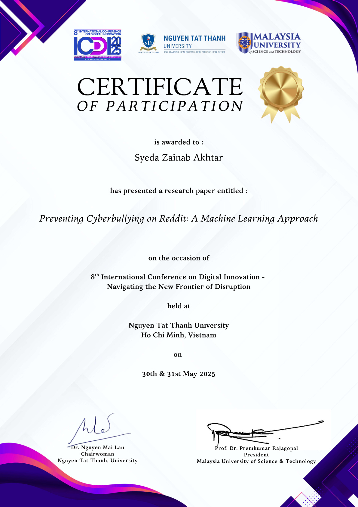 Certificate of Participation – Cyberbullying – ICDI 2025
